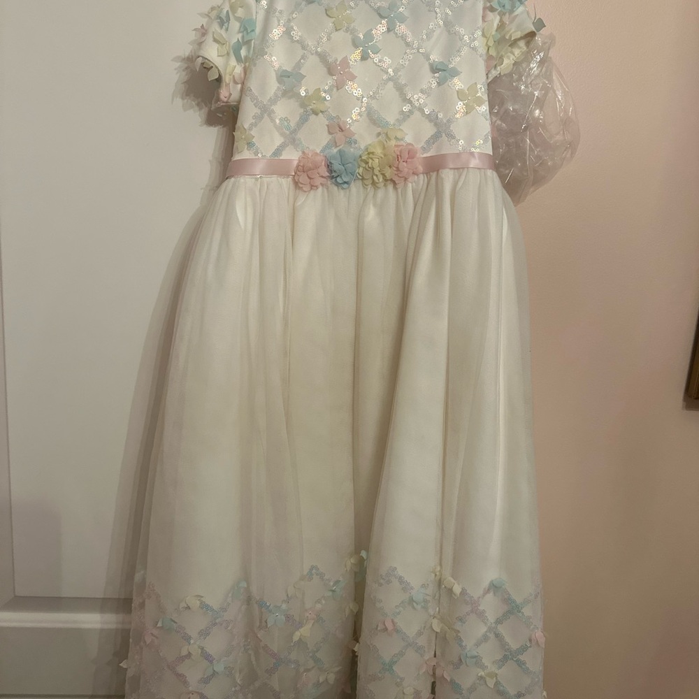 Rare Editions White Tulle Dress with Pastel Flower Belt